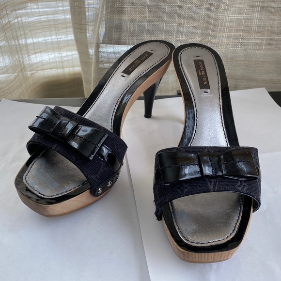 Louis Vuitton Mules BLACK monograM MINI LIN GRENADINE leather 37 heels PLATFORM - Picture 1 of 10